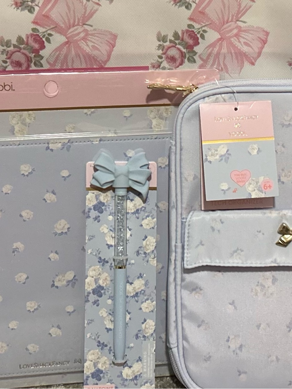 LoveShackFancy Light Blue Floral Bow Pen , mousepad, Matching tech Pouch Set